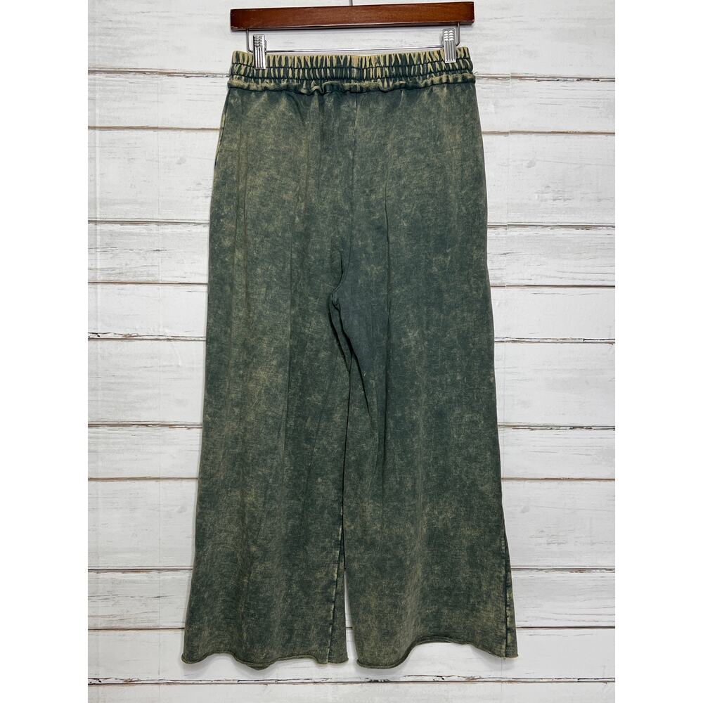 Zenana Acid Washed French Terry Palazzo Pants Small Olive Green Drawstring - Picture 3 of 10